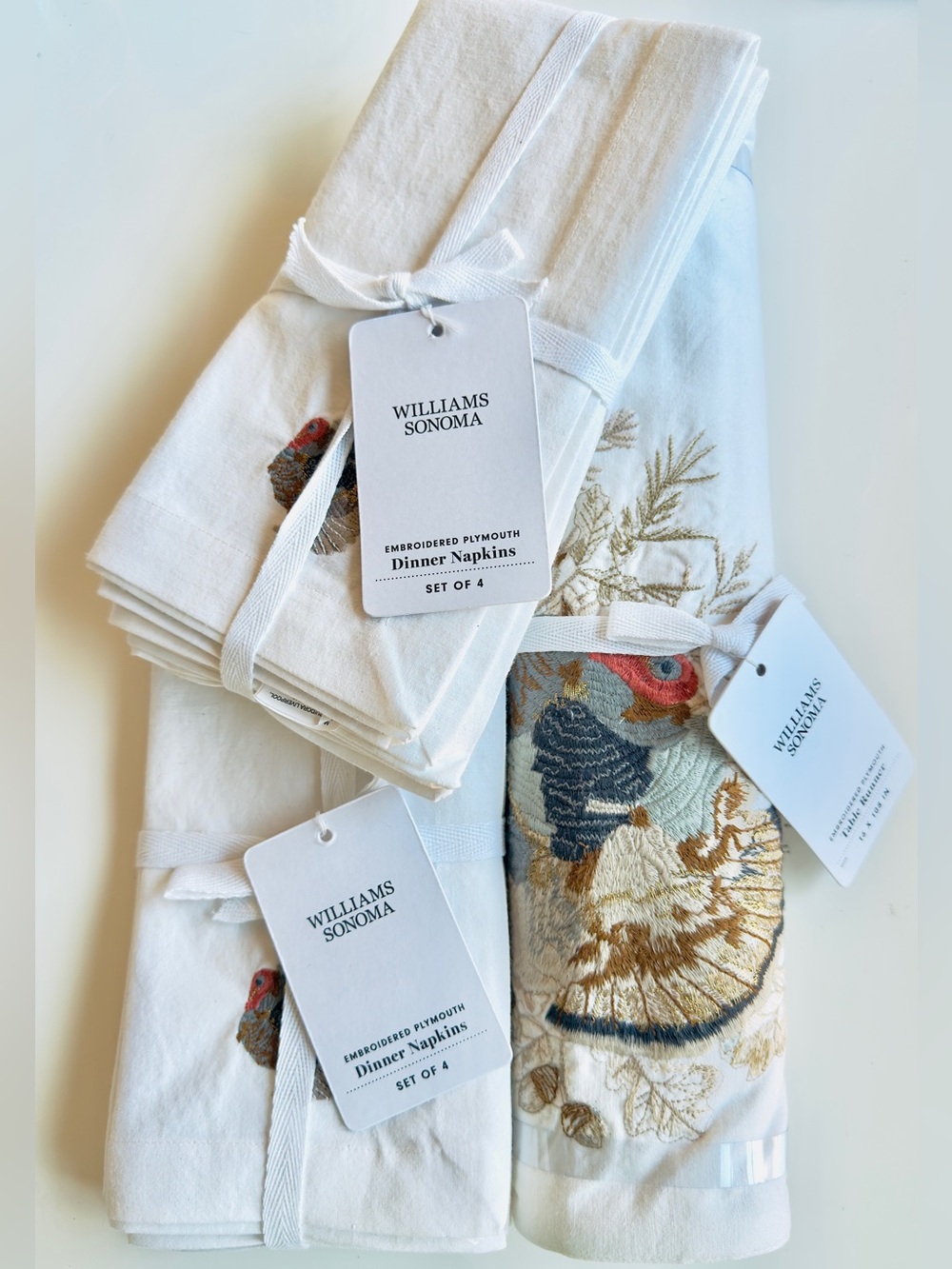 Williams Sonoma Plymouth Turkey Embroidered Table Runner & 8 Napkins Retail $229